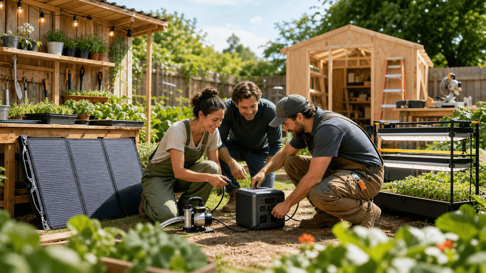 Portable battery pack with cables powering garden tools on a backyard workbench, warm sunlight and green plants behind