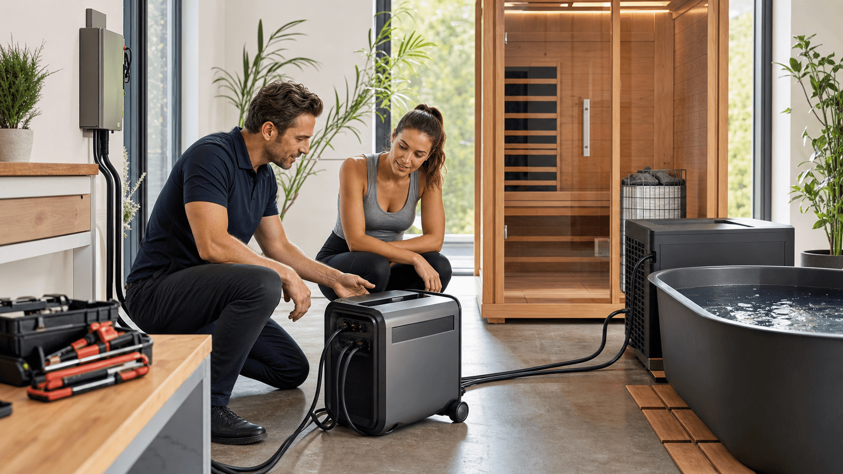 Modern home sauna beside a cold plunge tub, with a sleek black battery unit and glowing blue indicators nearby.