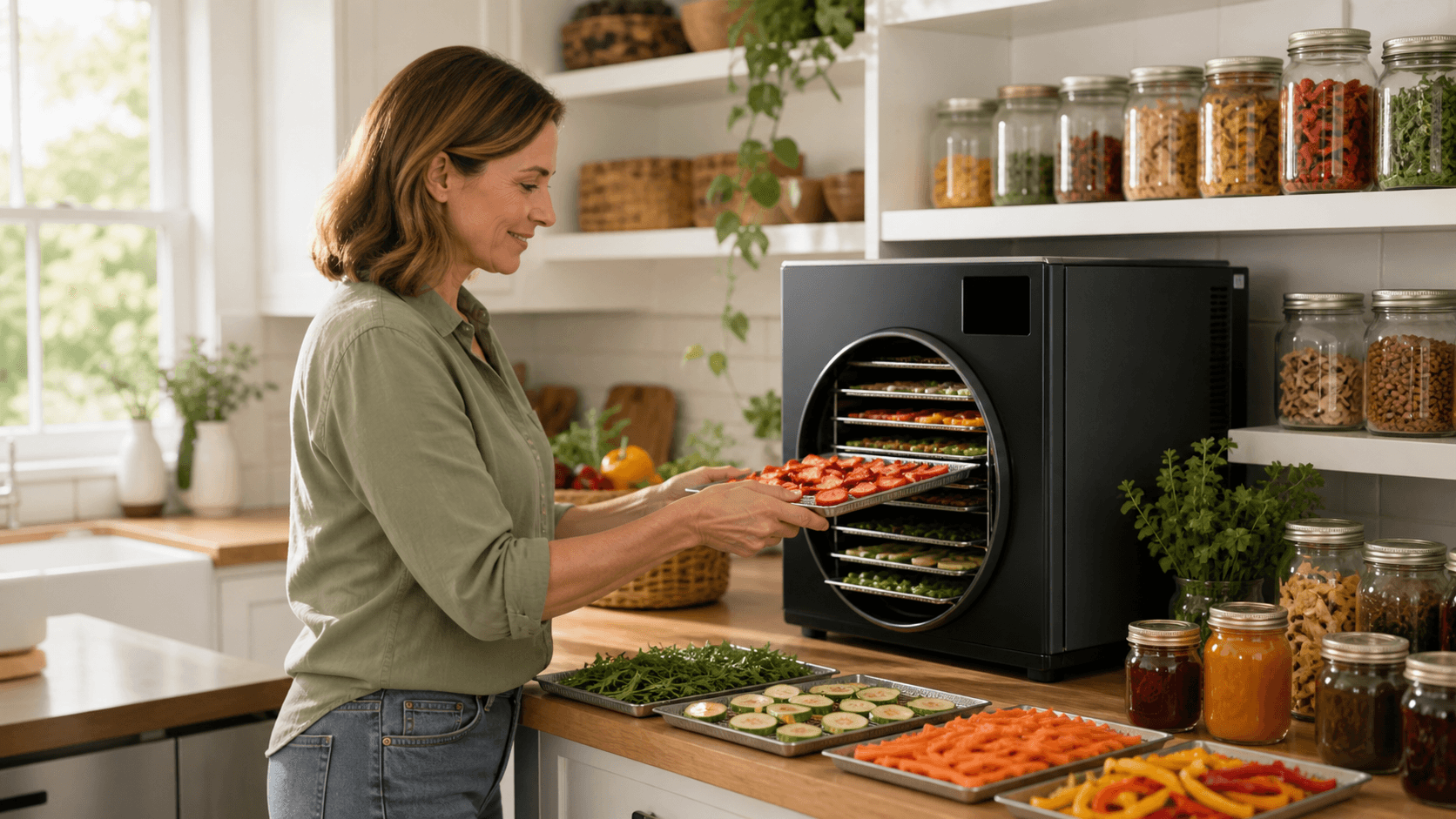 Stainless steel home freeze dryer beside jars of preserved fruit in a bright modern kitchen.