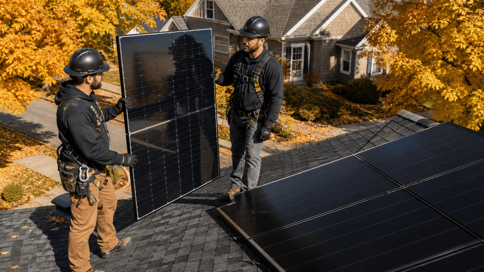 Split view of dark solar panels on an autumn leaf-covered roof, one reflecting sunlight from both sides.