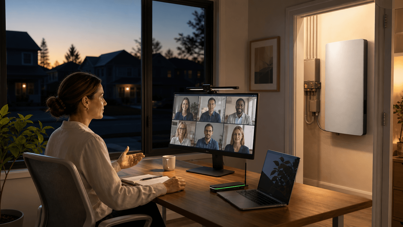 Modern home office with dual monitors, desk lamp, and glowing battery backup unit beside a window.