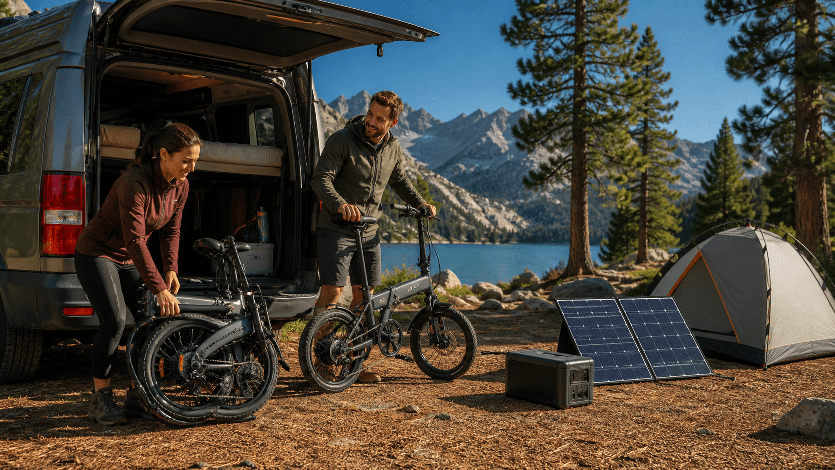 Folding electric bike beside a green tent and campfire in a sunlit forest clearing