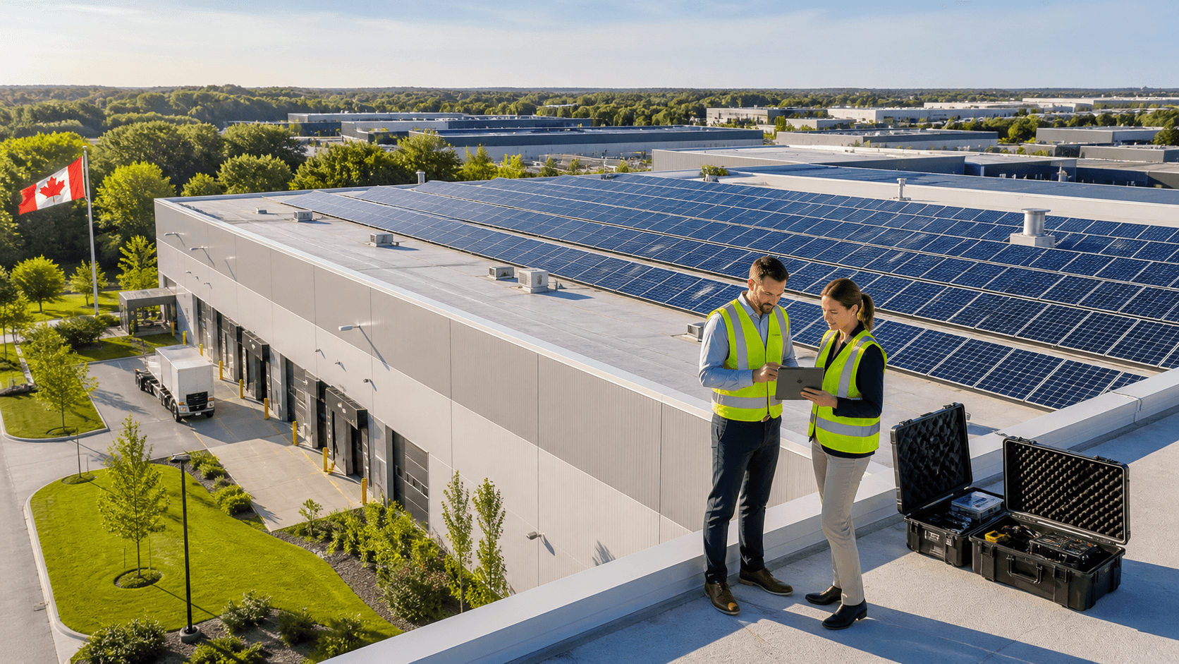 Rows of blue solar panels stretch across a sunlit commercial rooftop beneath a clear sky.