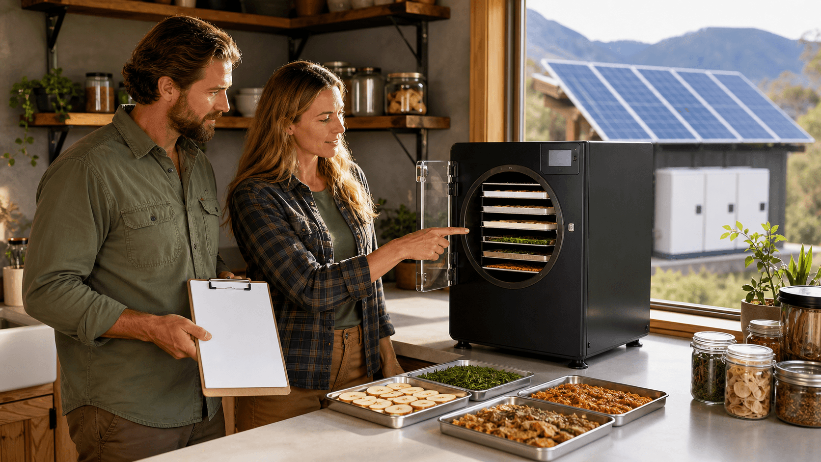 Stainless steel home freeze dryer on a wooden counter beside jars of dried food, lit by warm cabin light.
