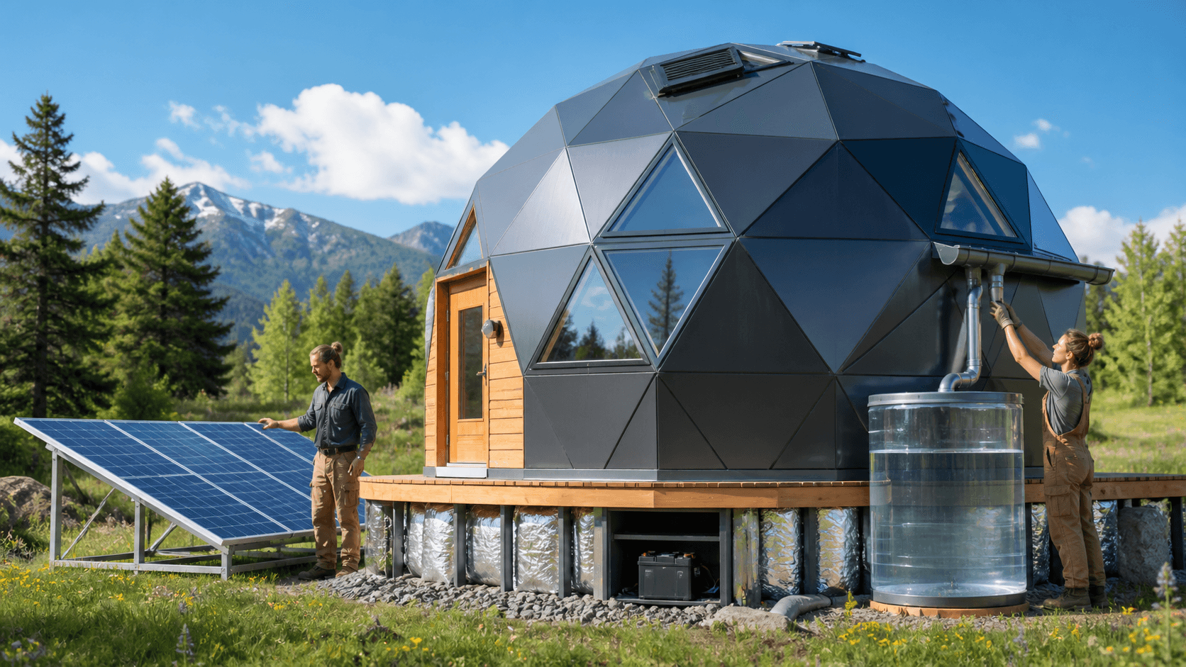 Sunlit geodesic dome with solar panels and rainwater tanks in a grassy off-grid landscape.