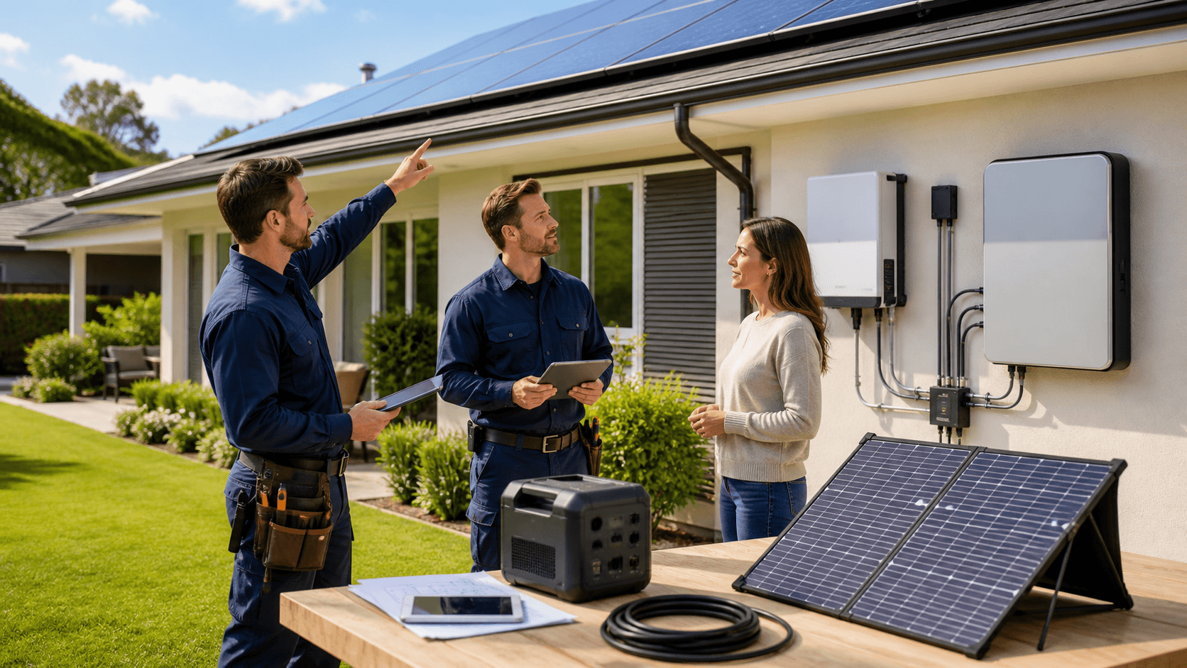 Modern family home with rooftop solar panels, battery unit, and bright sun against a clear blue sky