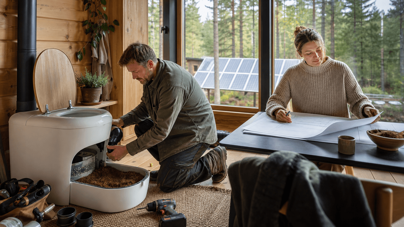 Sunlit rustic cabin bathroom with a compact white composting toilet, wood walls, and a small window.