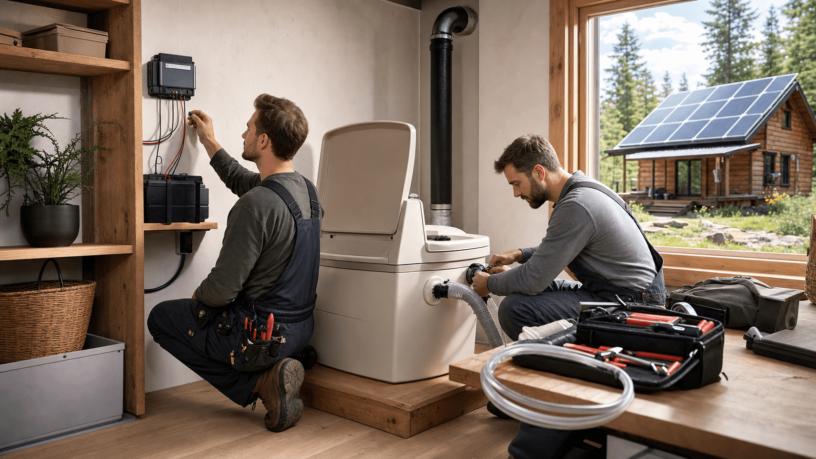 Solar panel beside a compact outdoor toilet near a wooden cabin, sunlit forest backdrop with clean modern lines.