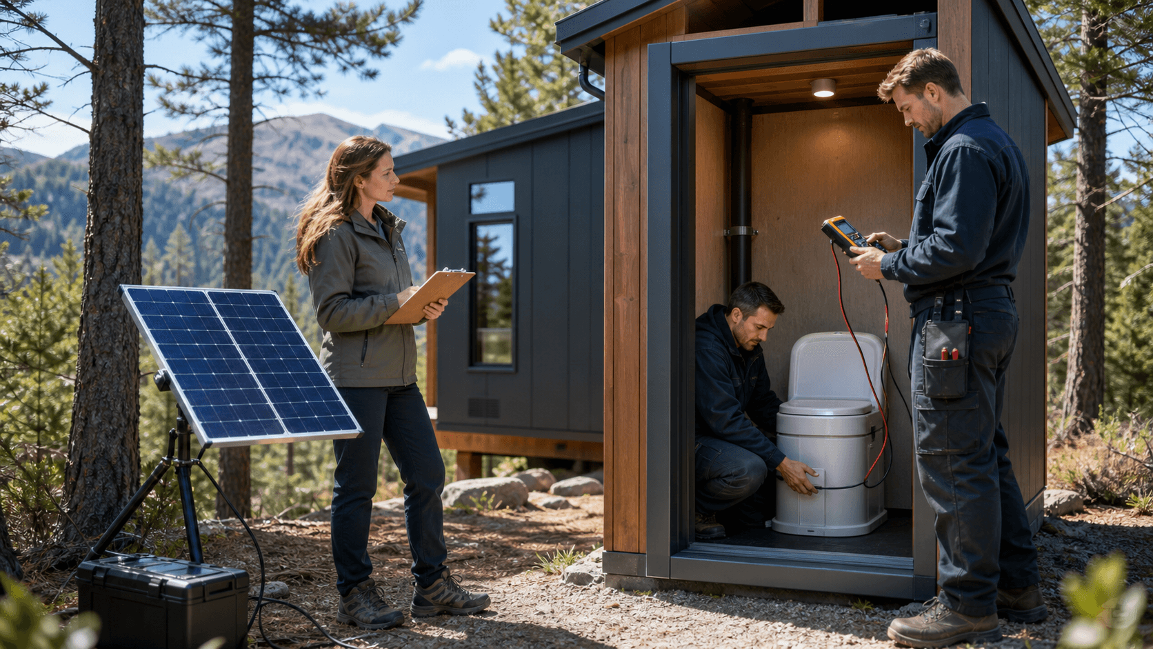 Solar-powered composting toilet beside a small wooden cabin, sunlit panels on roof amid green forest