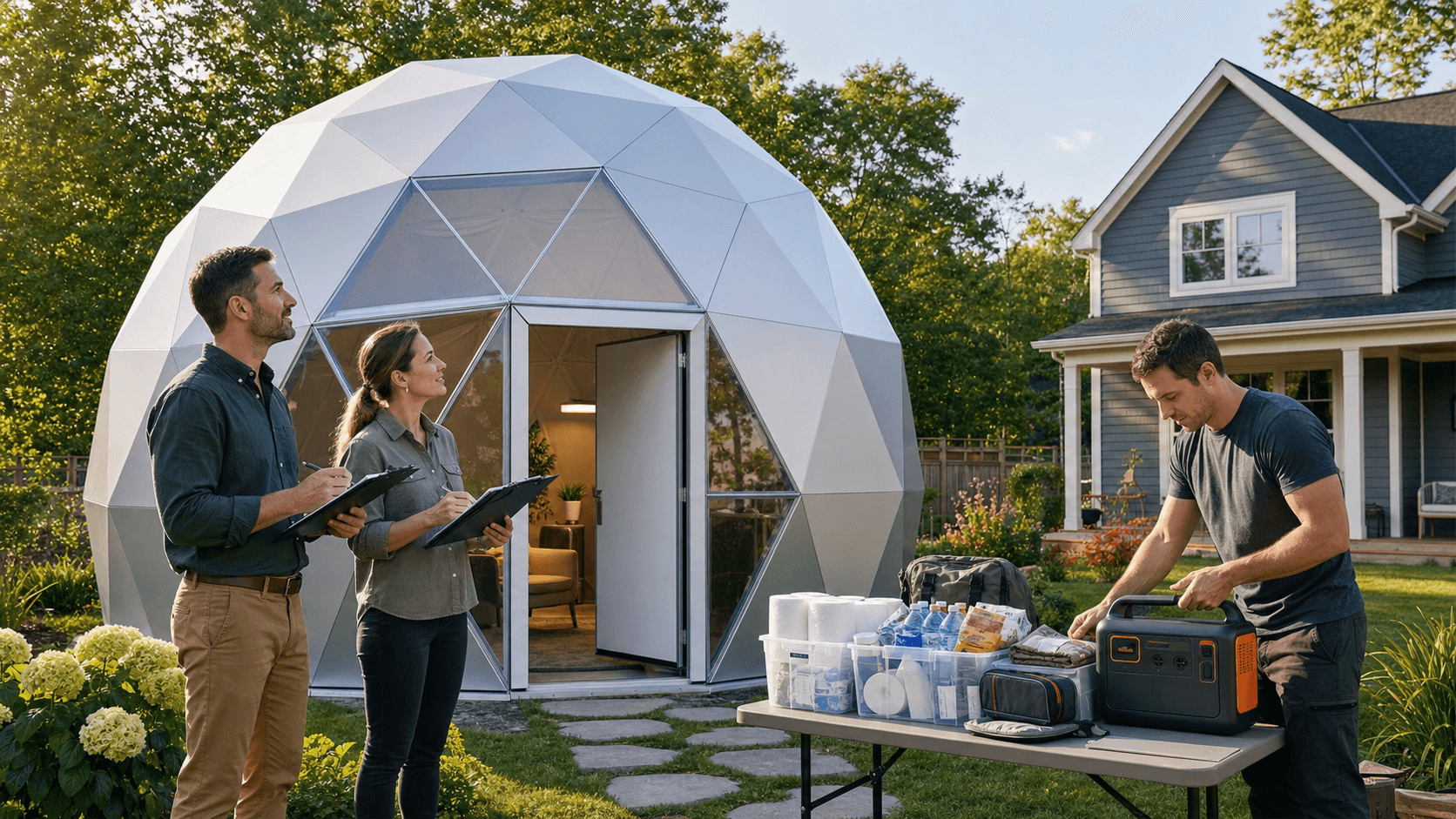 Sunlit backyard geodesic dome with white triangular panels beside a modern house, green lawn, and blue sky