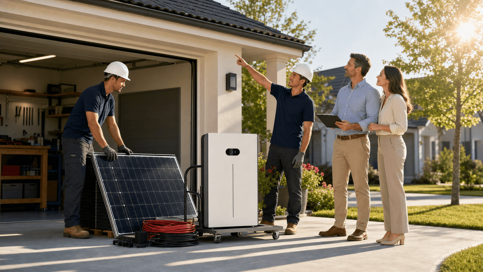 Rooftop solar panels under bright sun with a blue battery storage unit and inverter shown in a clean 3D render.