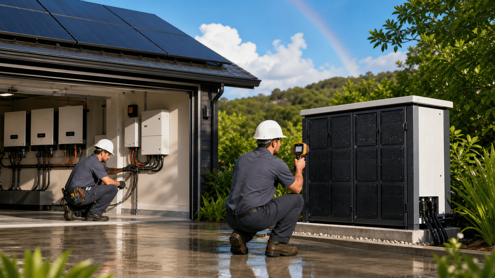 Solar panels on a cabin roof under dark storm clouds, lightning in the distance, warm sunset glow on the horizon