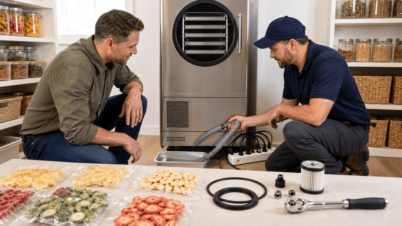 Stainless steel home freeze dryer beside scattered tools and wiring, with a red warning triangle icon overlay.