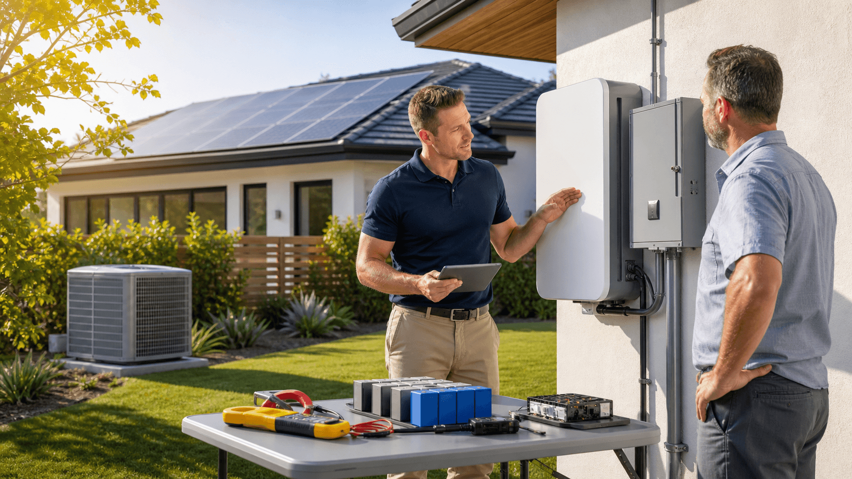 Modern home with rooftop solar panels and a glowing wall-mounted battery against an orange heatwave sky.