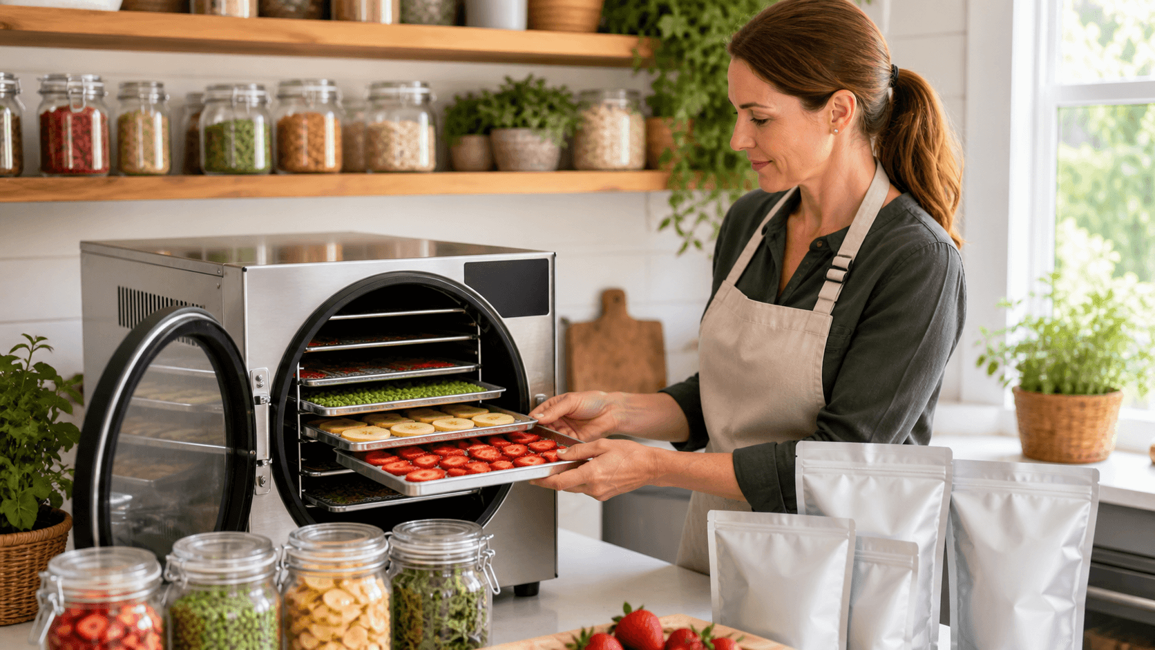 Stainless steel freeze dryer trays stacked with neatly arranged food under bright, cool interior lighting.