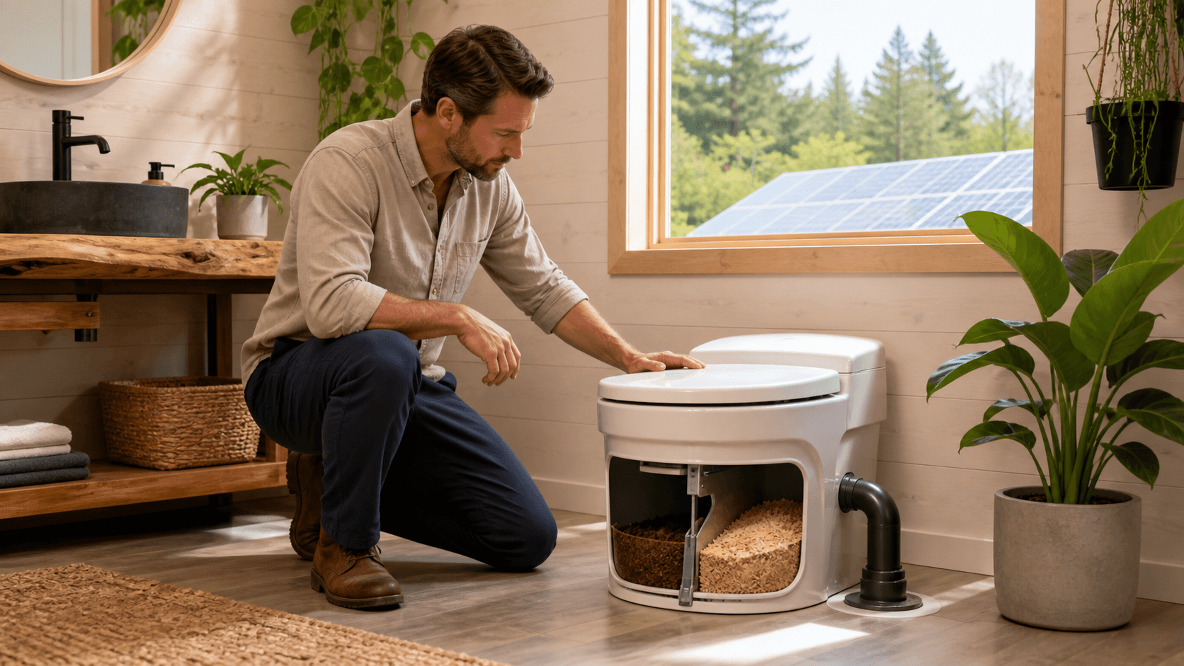 Modern composting toilet with separate chambers in a bright, wood-paneled off-grid bathroom