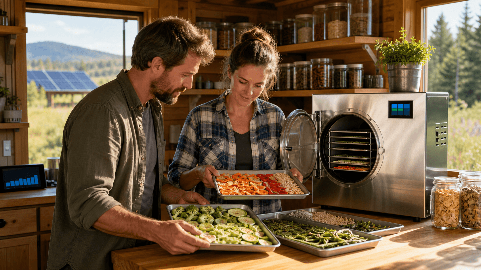 Stainless steel freeze dryer in a rustic off-grid kitchen, lit by warm sunlight through a window.
