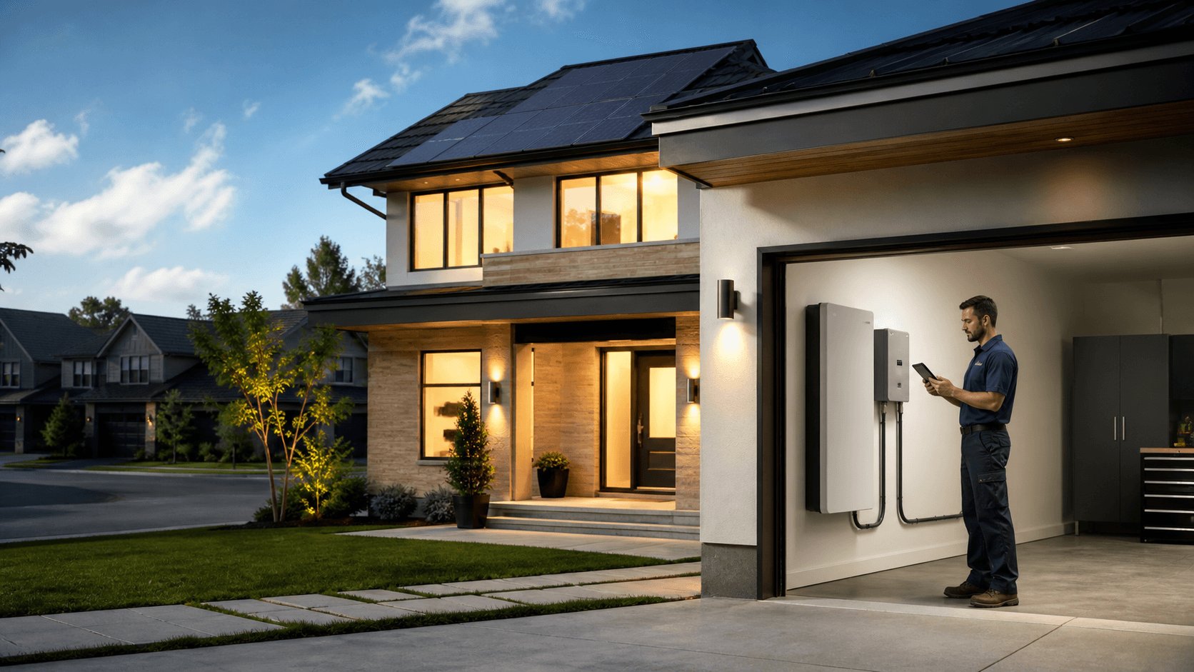 Modern home at dusk with rooftop solar panels and a glowing battery icon beside storm clouds.