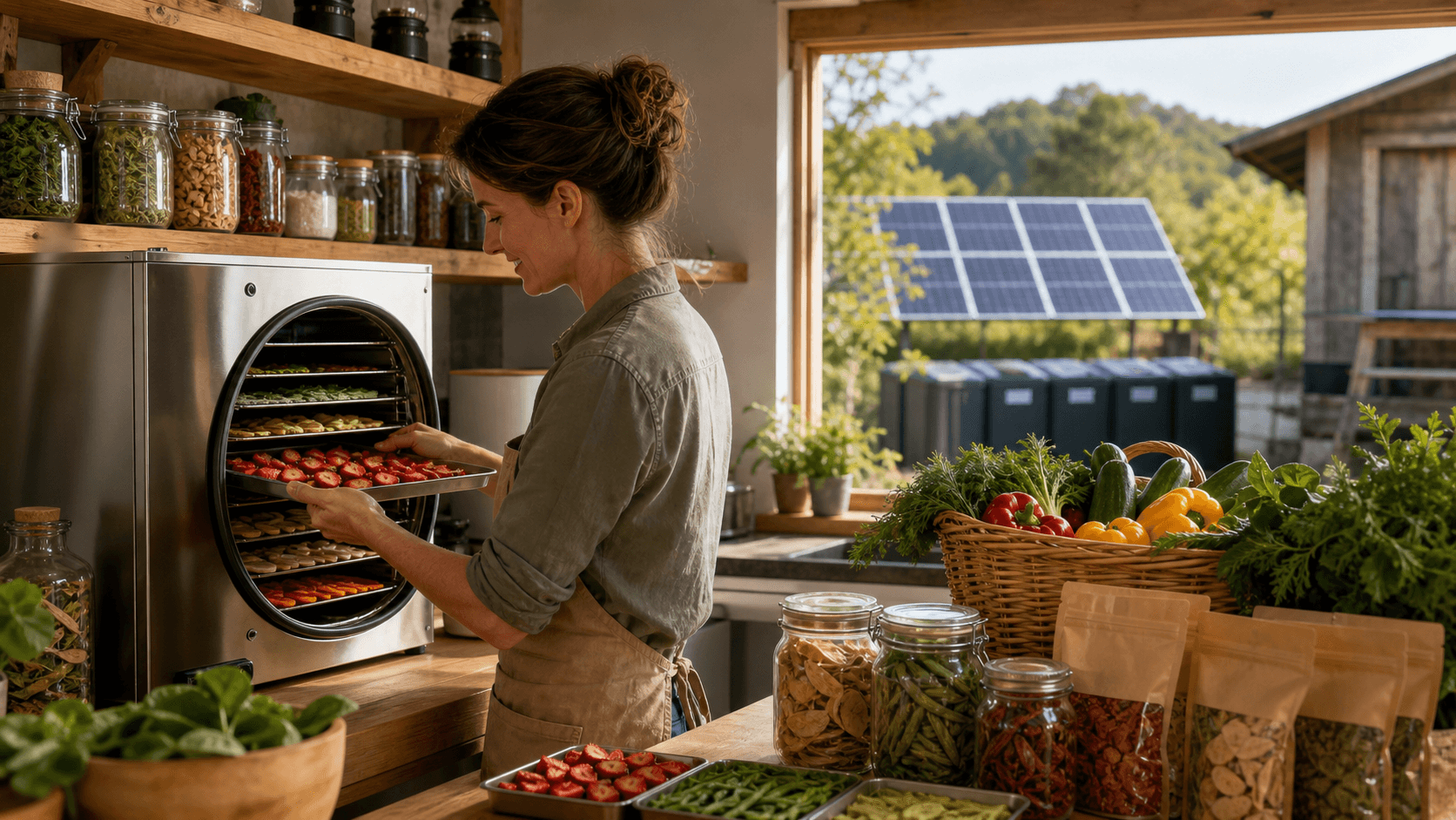 Stainless steel freeze dryer beside jars of preserved food in a warmly lit rustic kitchen.
