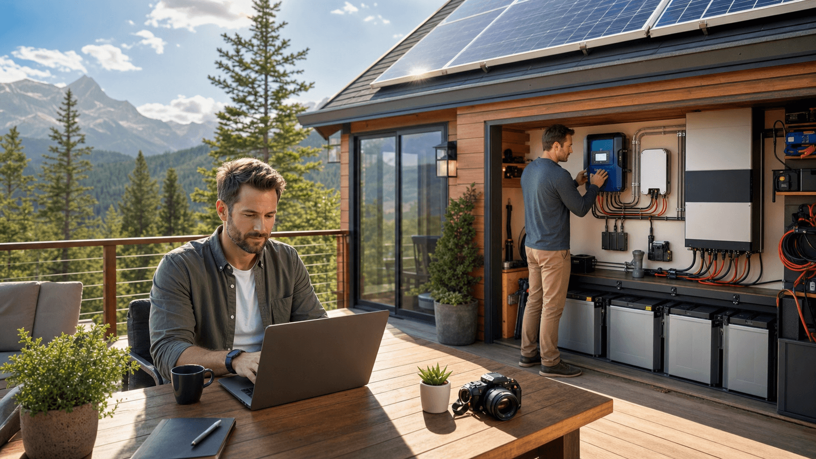 Laptop on a wooden desk beside solar panels and a battery pack, warm sunset light over a remote cabin