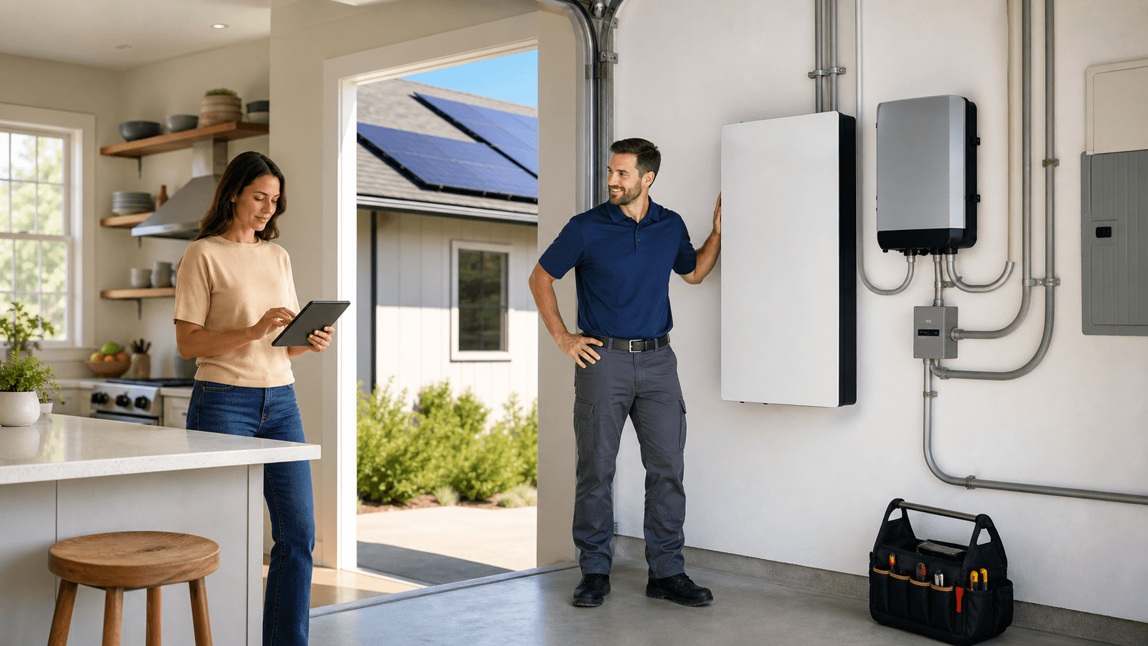 White wall-mounted battery beside a solar inverter in a modern garage, soft daylight and clean minimal lines.