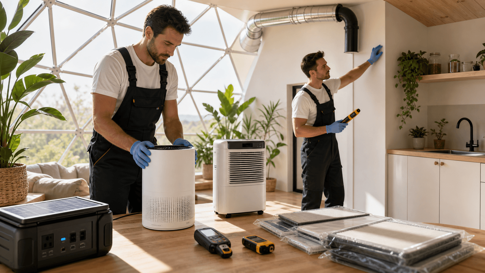 Sunlit geodesic dome interior with a white air purifier beside potted plants and a dehumidifier display glowing blue