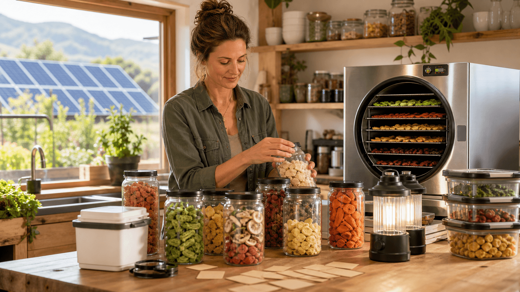 Stainless steel freeze dryer in a warm rustic kitchen beside trays of neatly arranged dried food.