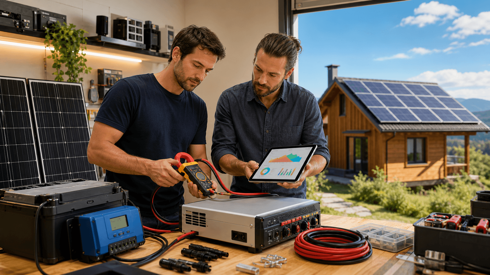 Solar panels and a battery with glowing meter dials and sun icon on a blue background, clean flat illustration
