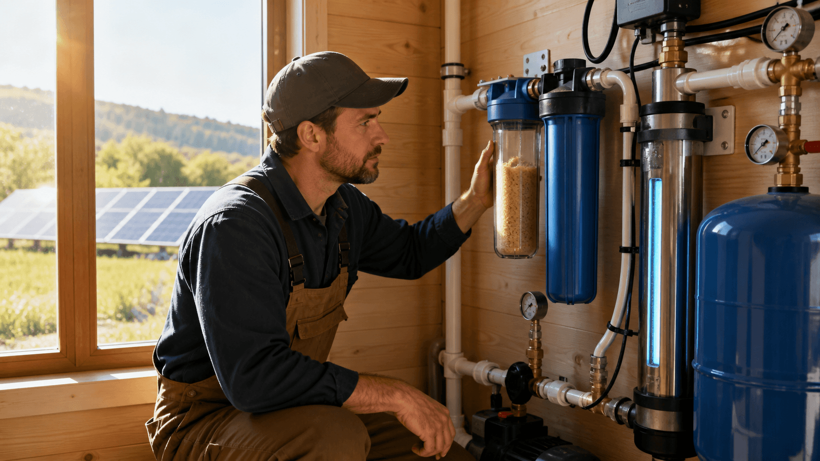 Sunlit well water filtration system with blue tanks, pipes, gauges, and a stainless steel disinfection unit.