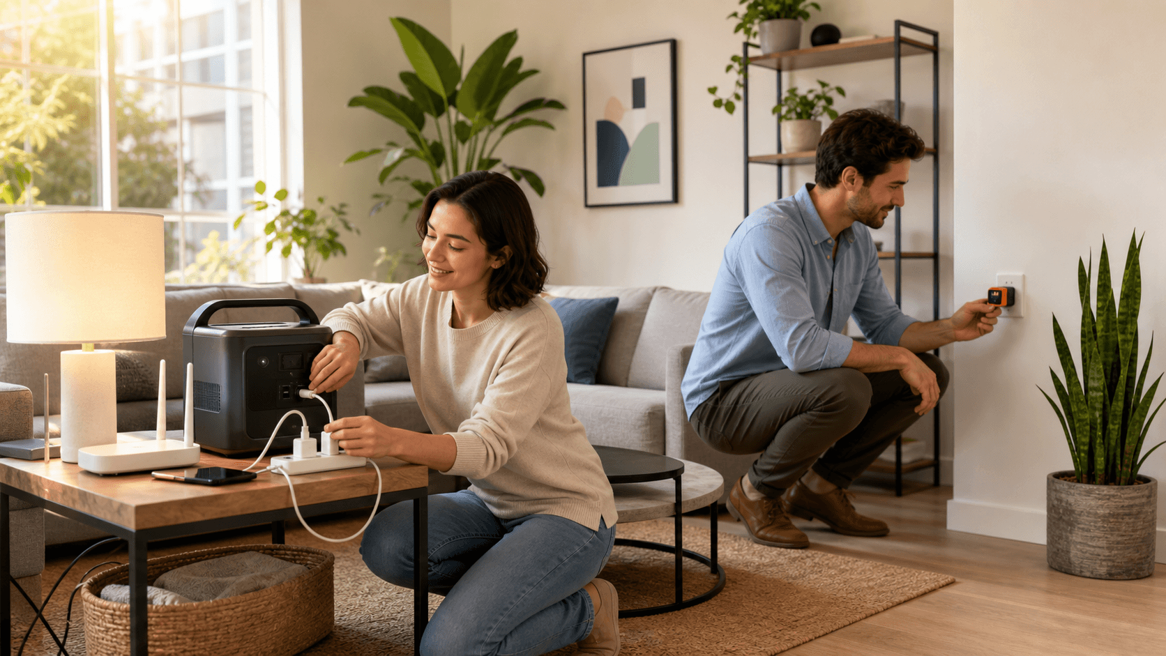 Compact gray portable power station on a living room floor, softly lit, with a green battery display and cables