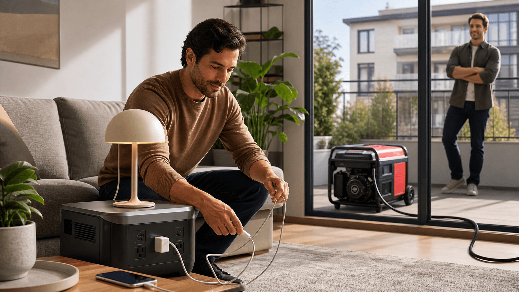 Split-screen: sleek gray battery pack indoors vs red gas generator outside, warm lighting and contrasting backgrounds
