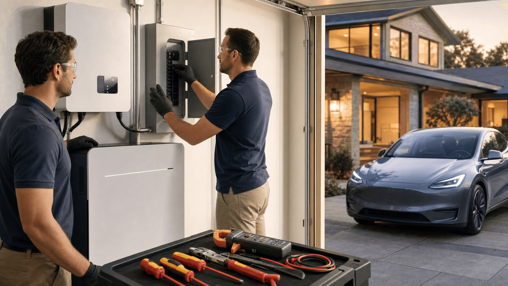Home battery unit beside an electrical panel, with a blue checklist and tools on a bright white background