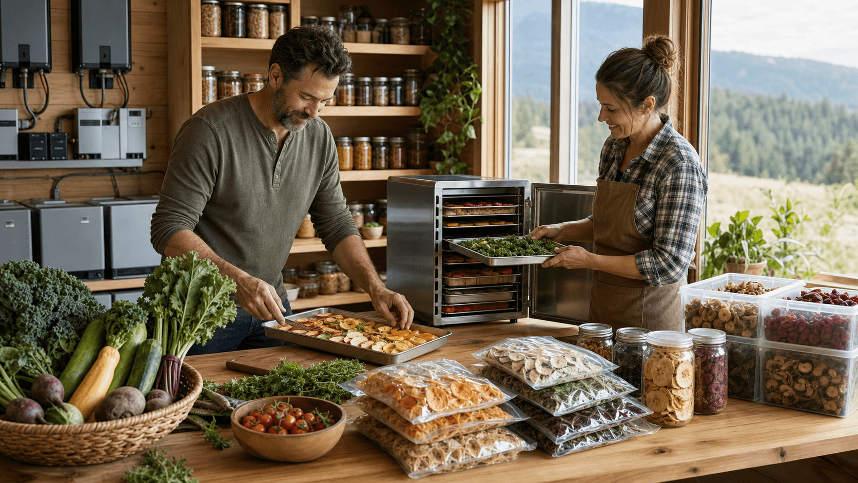 Stainless steel freeze dryer beside jars of preserved food, lit by warm sunlight in a rustic kitchen.