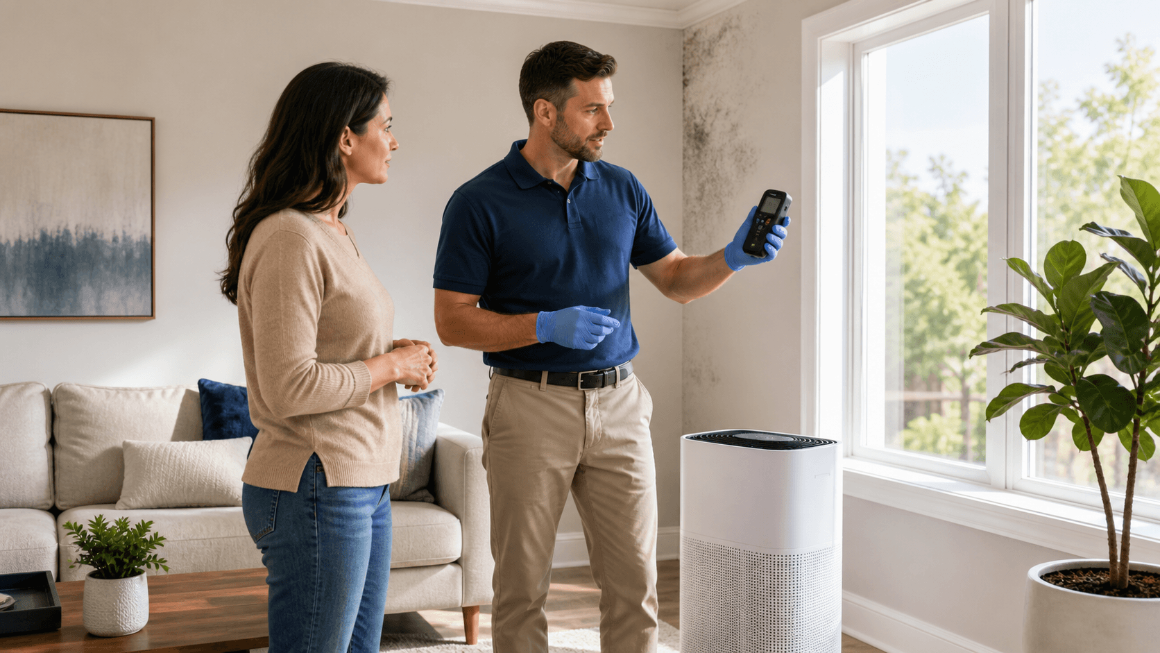 Person wearing a mask inspects dark mold spots on a white wall beside a glowing air purifier.