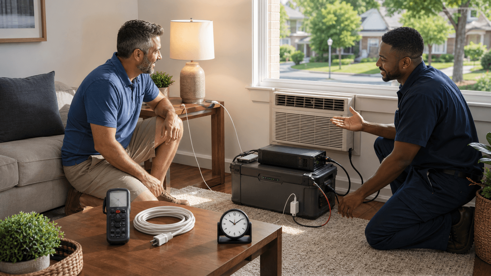 Window air conditioner beside a compact battery power station with glowing display, sunlit room in warm tones