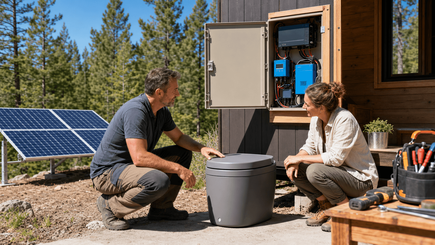 Sunlit wooden cabin bathroom with a composting toilet and a rooftop solar panel visible through the window
