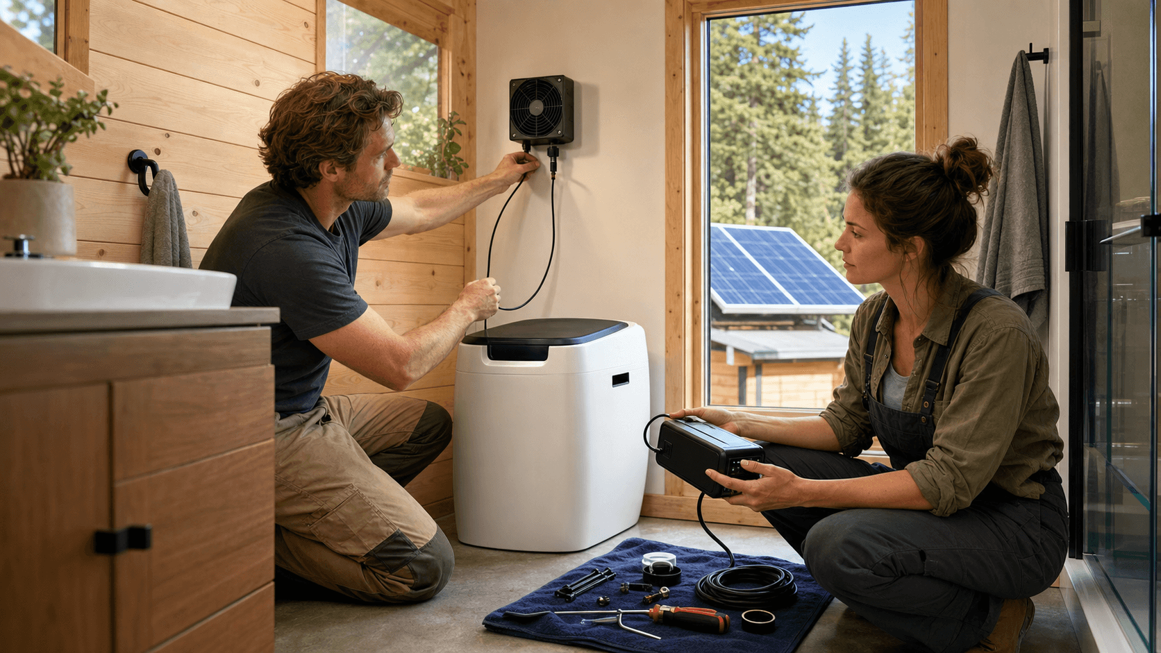 Wooden outhouse beside a remote cabin with rooftop solar panels, lit by warm sunset over pine trees.