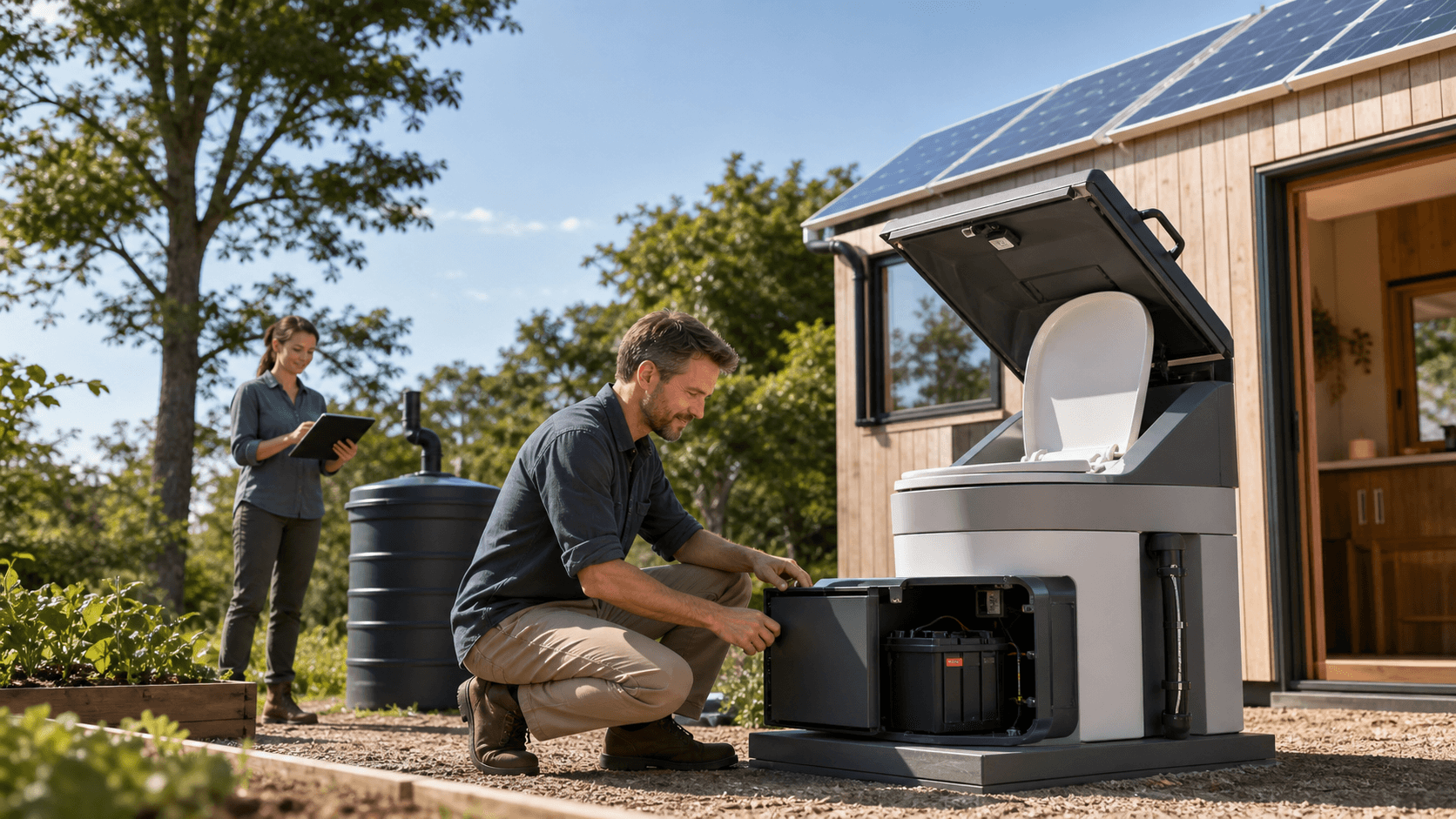 Sunlit solar panel beside a compact outdoor toilet, with warm golden tones and a clear sky in the background.