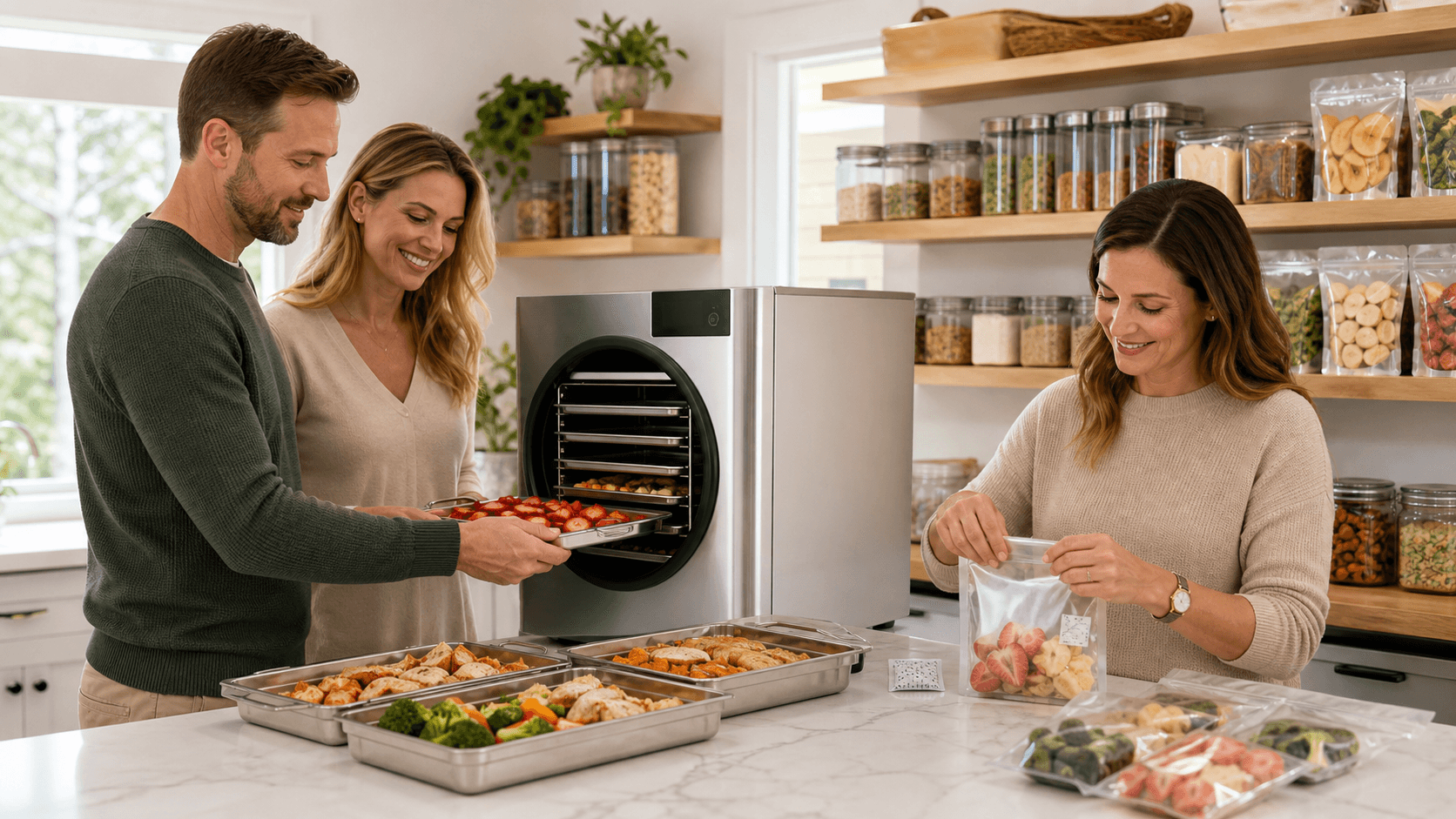 Stainless steel home freeze dryer on a kitchen counter, trays of colorful freeze-dried fruit under bright light.