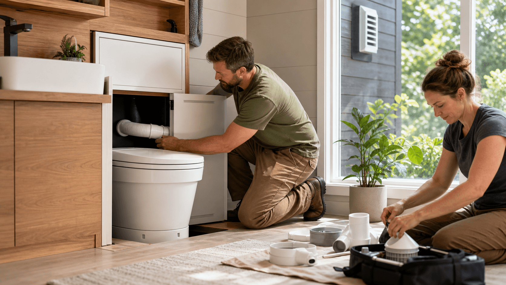 Modern composting toilet beside a vent pipe, with green checklist icons on a clean white background.