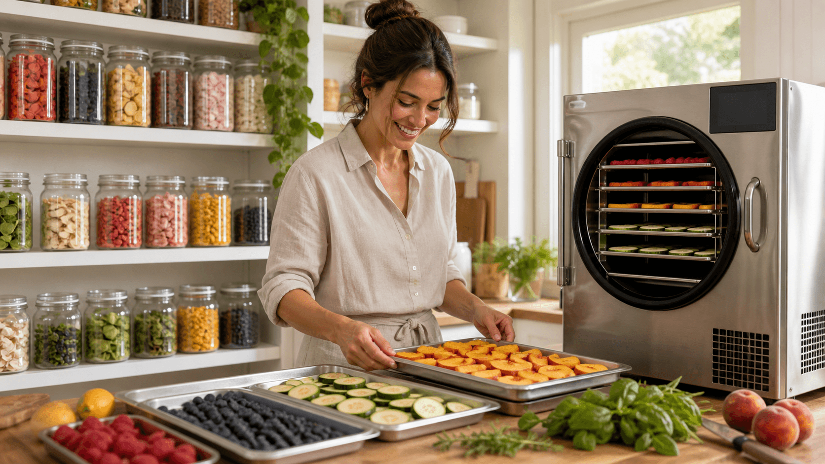 Stainless steel freeze dryer on a bright kitchen counter beside trays of colorful summer fruit.