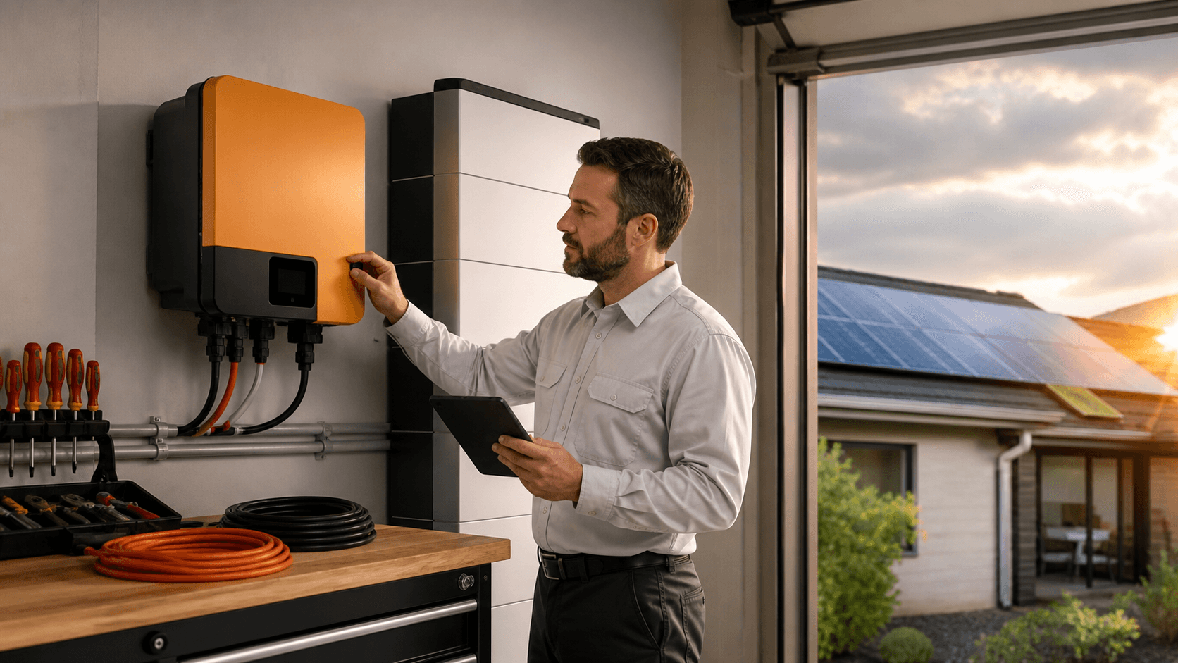 Solar inverter display glowing against golden autumn sunlight and blue sky with scattered clouds.