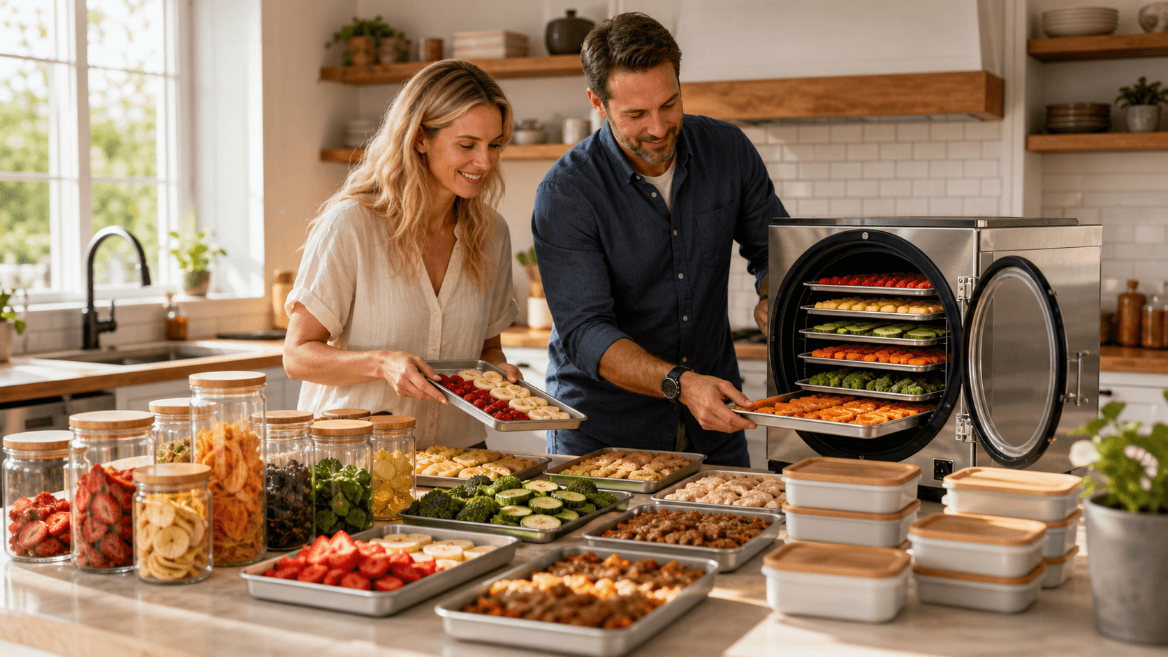 Stainless steel freeze dryer beside neatly labeled jars and trays of dried family meals in a bright kitchen.