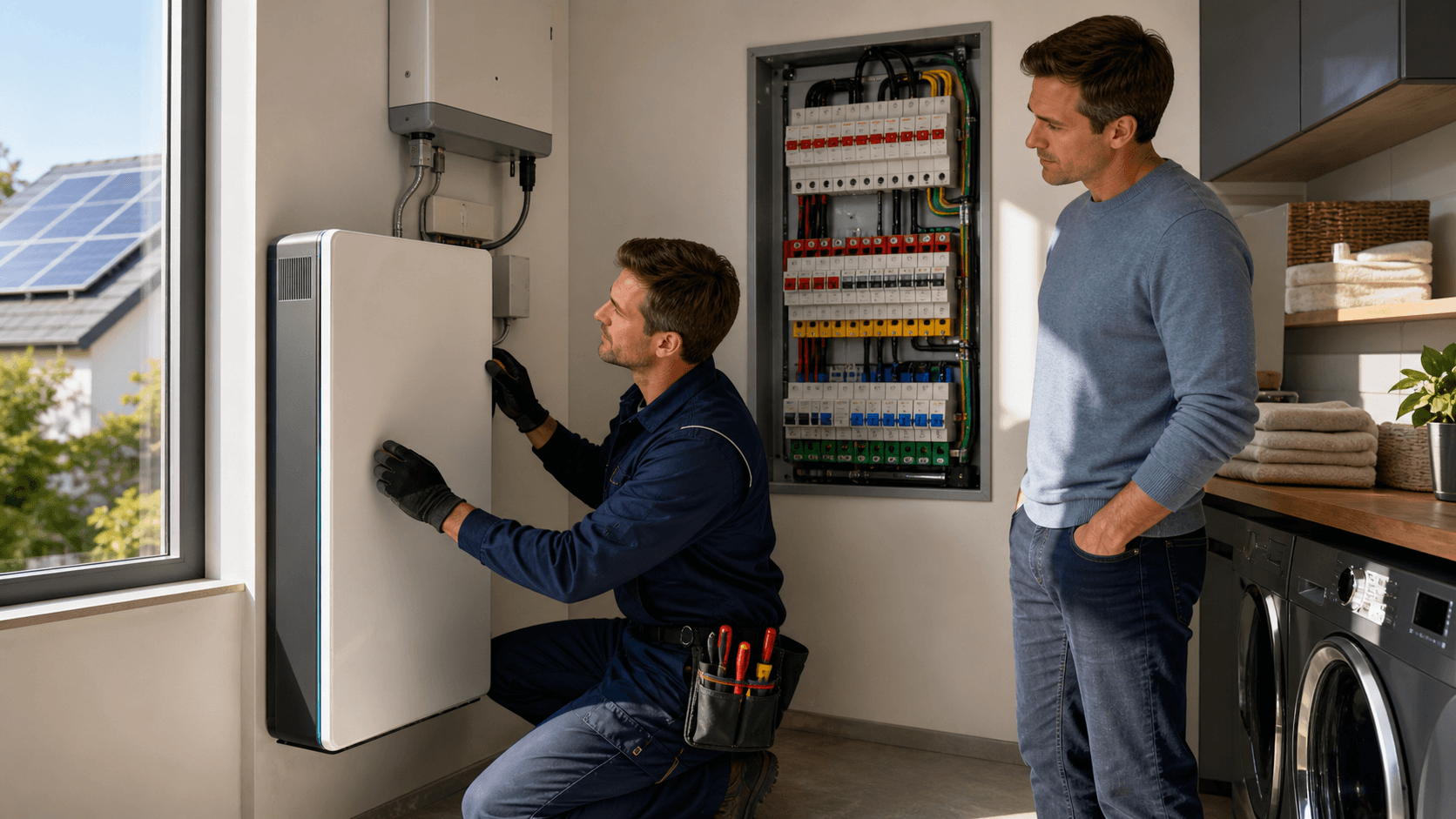 Sleek white home battery units mounted on a garage wall beside an electrical panel.