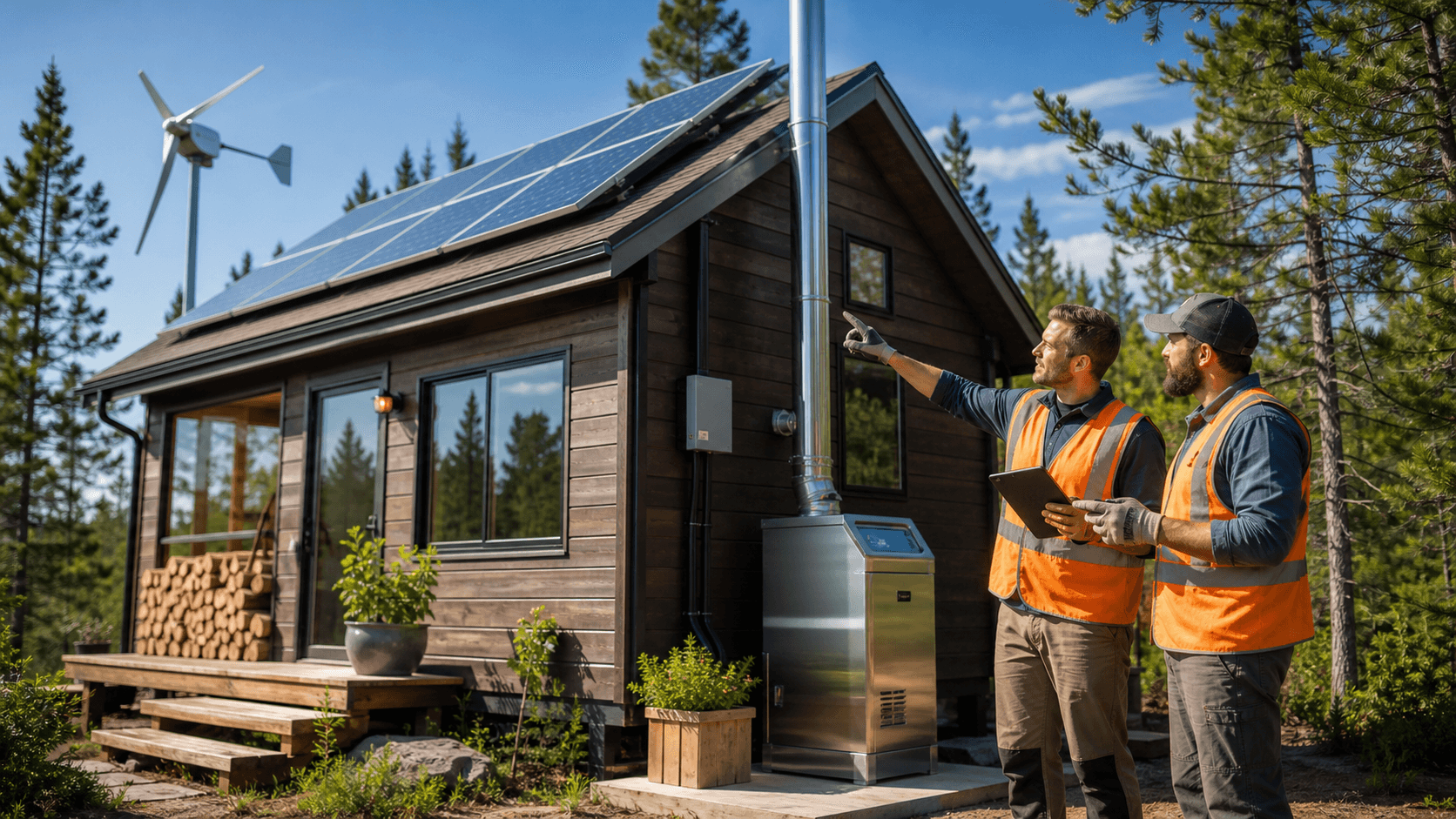 Rust-colored off-grid cabin at dusk beside a metal incinerator unit, with pine trees and mountains in the background