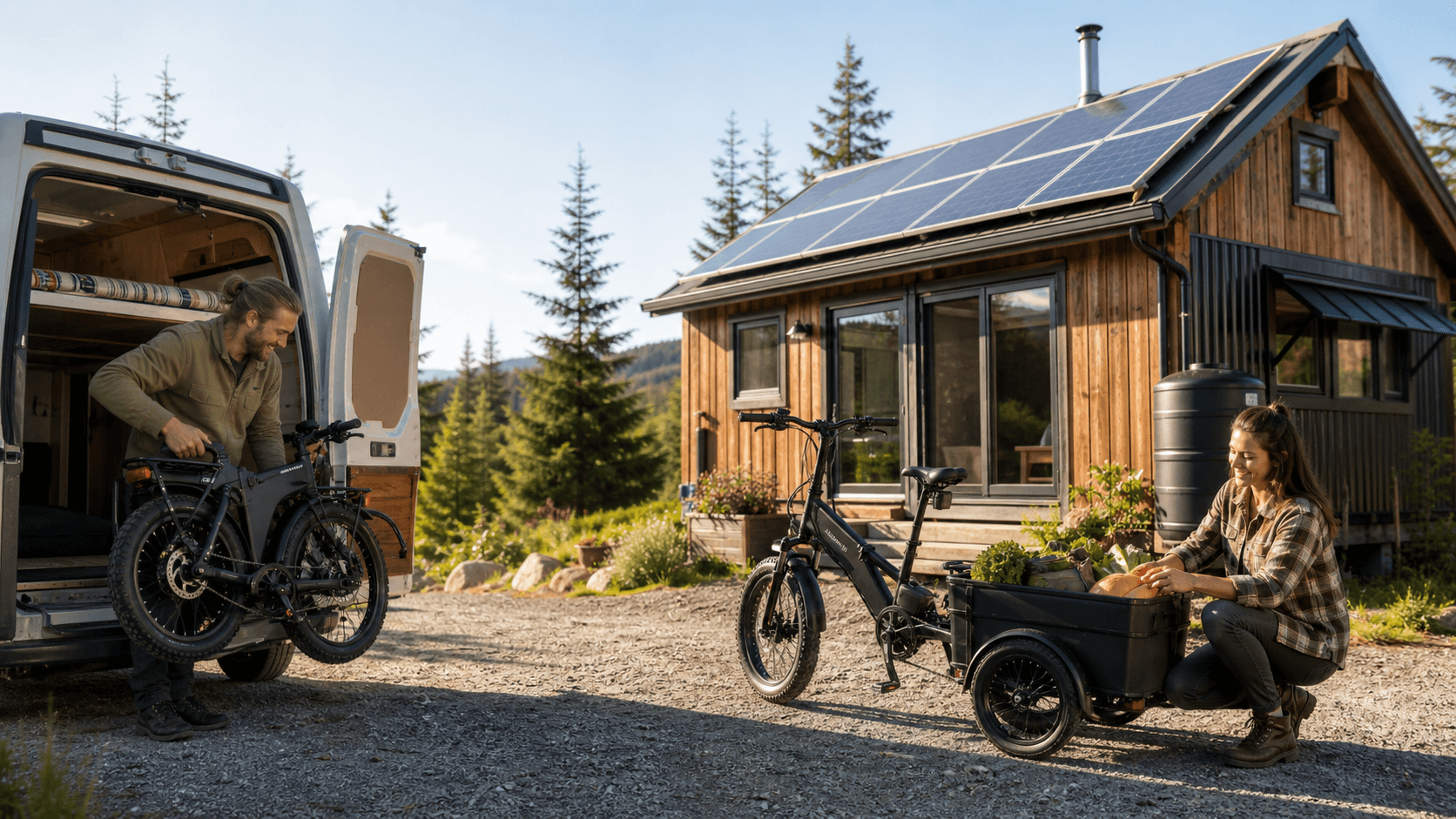 A compact electric bike stands beside a solar-powered cabin in a sunlit forest clearing.