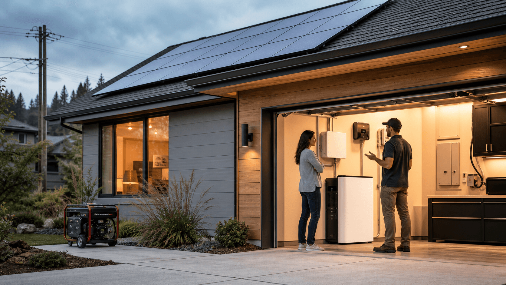Modern home beside solar panels and a sleek battery unit, lit by warm sunset light.