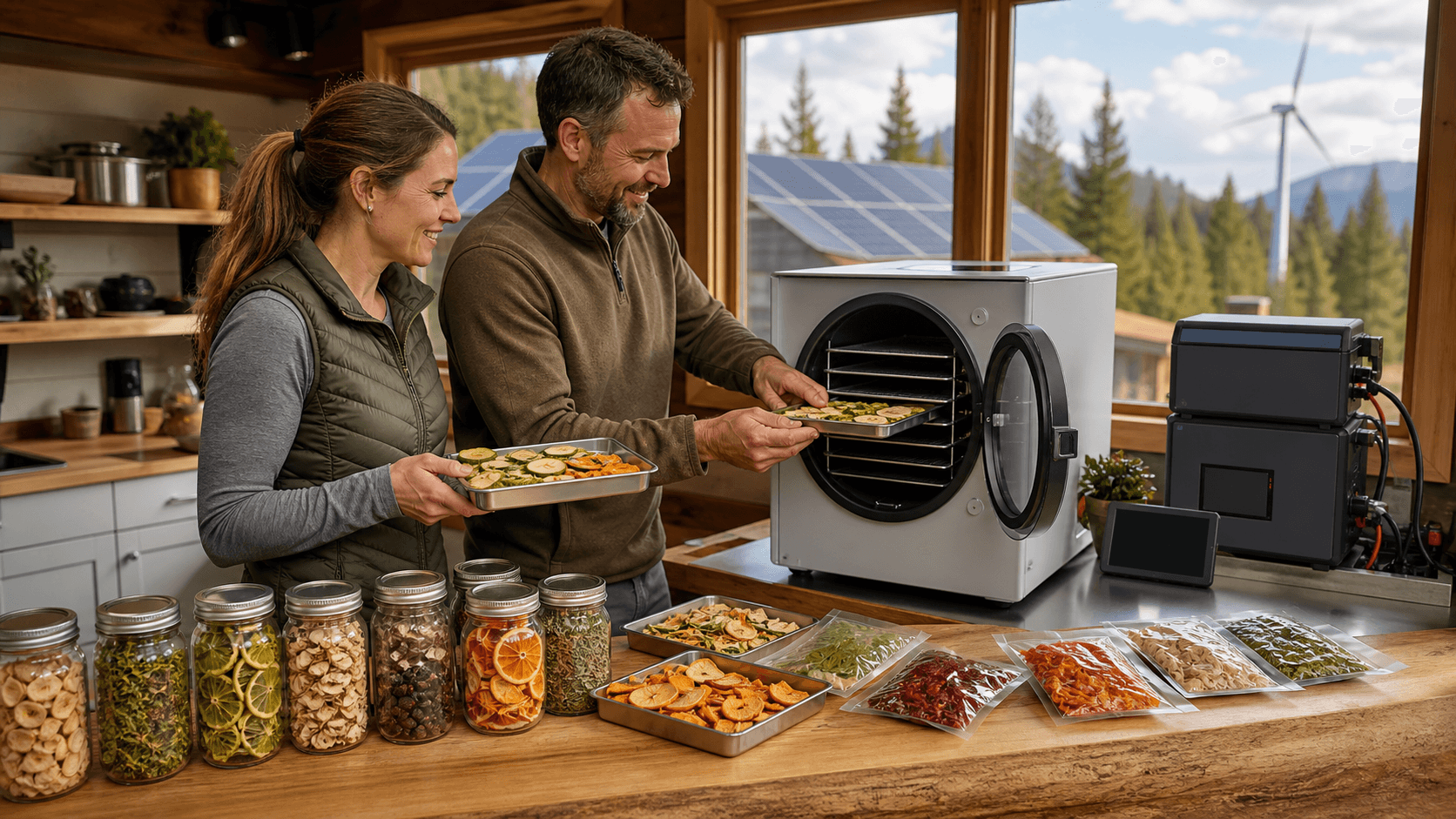 Stainless steel freeze dryer on a wooden counter in a rustic cabin kitchen, warm sunlight through a window.