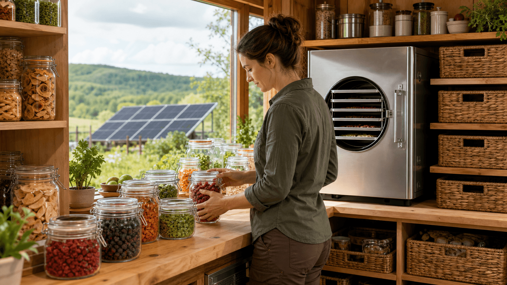 Freeze dryer beside jars of preserved food in a rustic, sunlit off-grid kitchen.