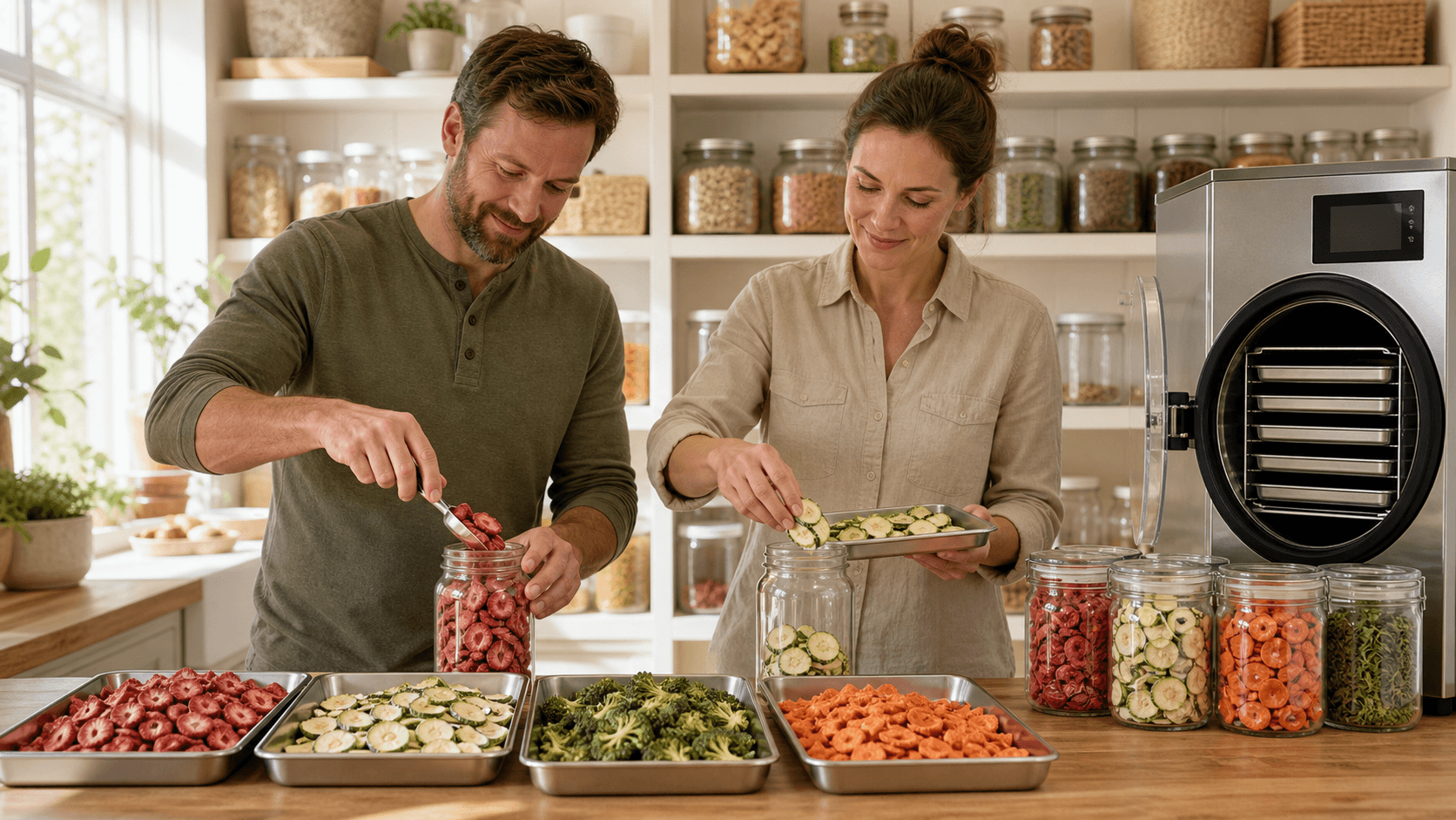 Stainless steel freeze dryer beside neatly stacked jars and vacuum-sealed food in a warm, organized pantry.